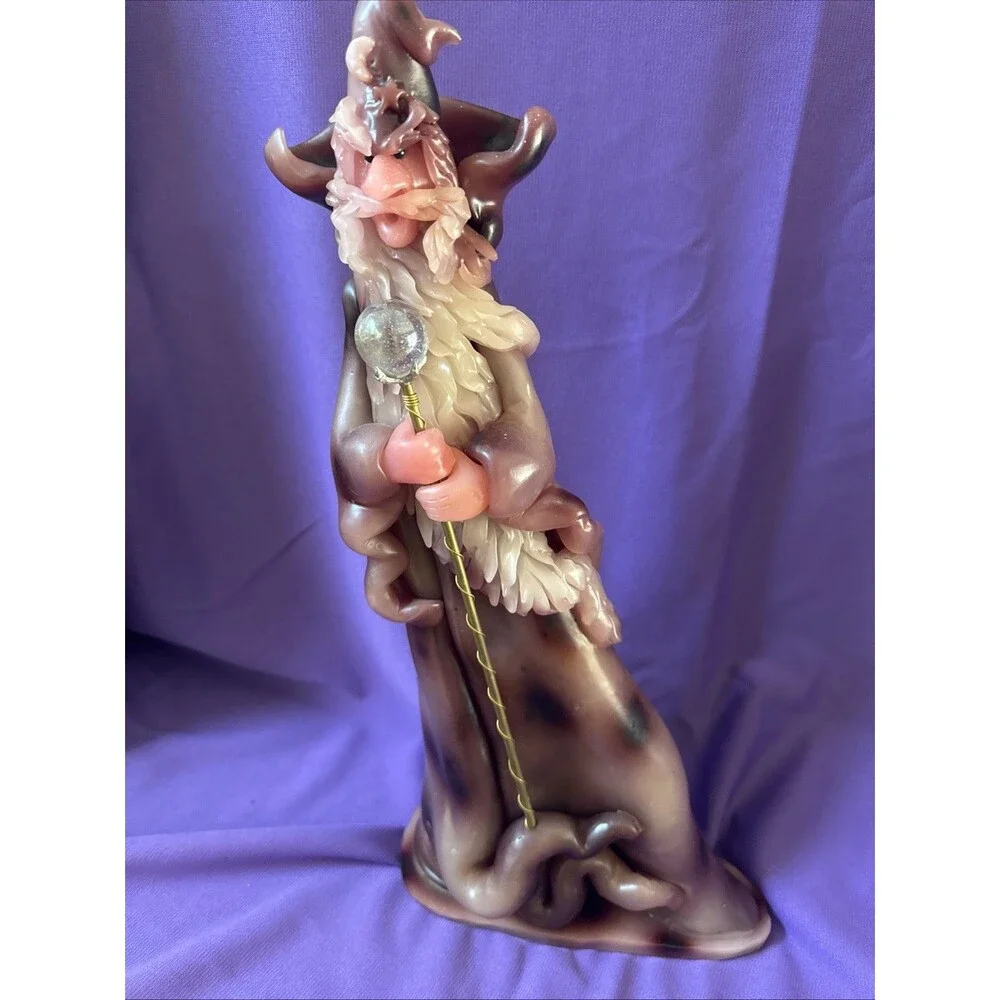 RARE Vintage Northern Lights Wizard Candle 16” Hand Carved-Crystal Orb-Signed